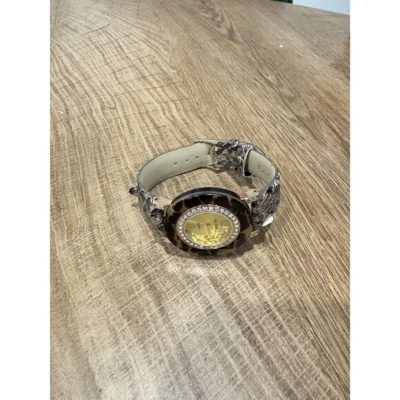 Cici & Faye Wristwatch Gold Tone Round Face Brown Buckle Band Rhinestones - Picture 2 of 4